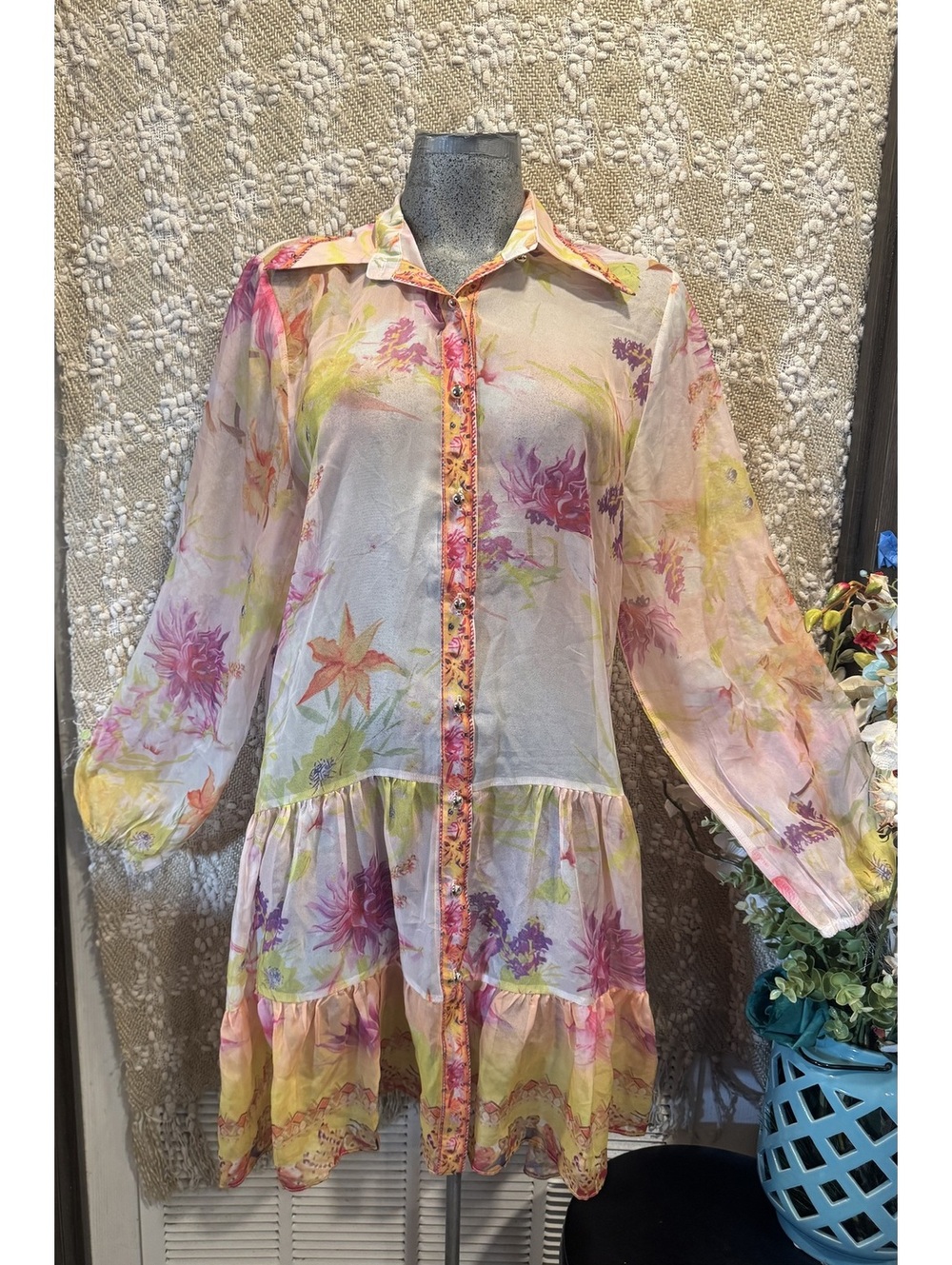 Beulah Style Floral Print High-Neck Button-Front Dress – Size Large